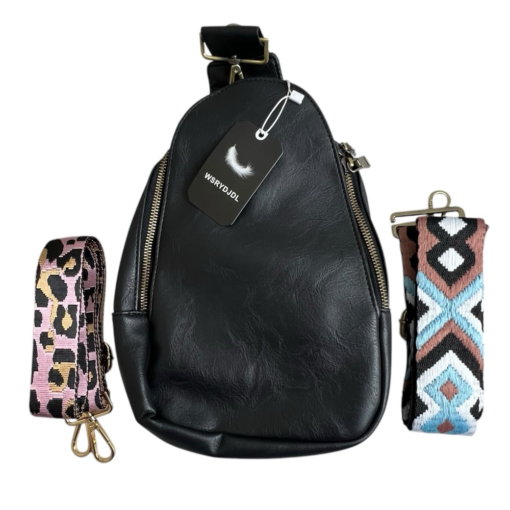 WSRYDJDL Black Faux Leather 13" Tall Crossbody Bag 2 Straps NEW‎